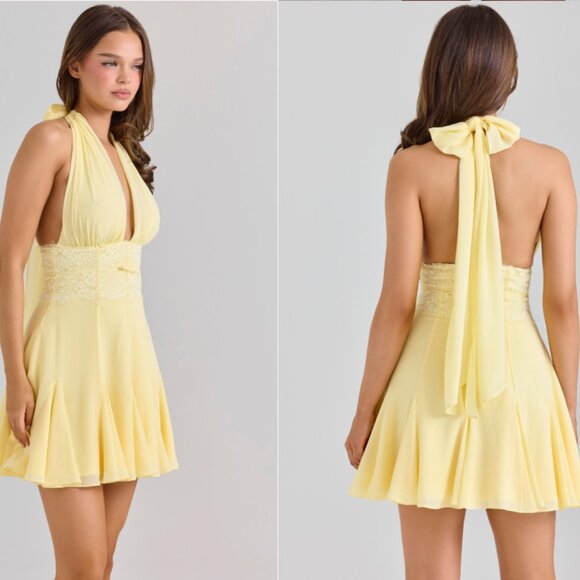 HOUSE OFCB 'Ailani 'Butter Yellow Georgette Halter Neck Mini Dress NWOT - Picture 2 of 3